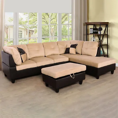 L-shape Lint And PVC 3-Piece Couch Living Room Sofa Set With Ottoman • $775