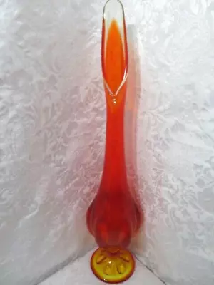 Vintage Viking Glass MCM Orange Red Yellow Bud Vase 6 Petal Swung 12-3/4  Tall • $59.48