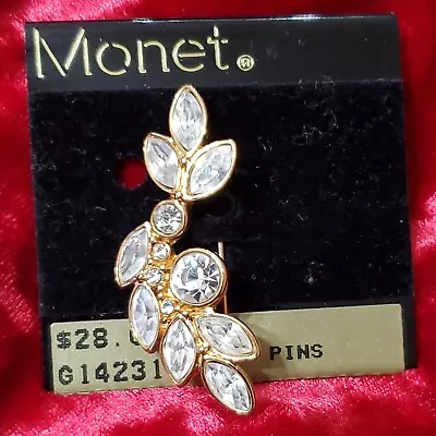 Monet Gold Tone Brooch Pin With Clear Glass Rhinestones On Card New Old Stock • $29.97