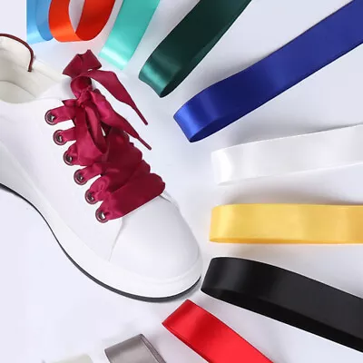 Silky Stain Ribbon Flat Shoelaces Sports Colored Trainer Snicker Shoes Shoe Lace • £3.49