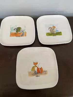 RAE DUNN Magenta Fall Square Plates Squirrel Fox Raccoon 3 Plates Autumn • $24