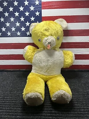 Vintage Teddy Bear With Bow Googly Eyes 26  H Yellow With White Patch Stiff • $25.99