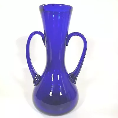 Cobolt Blue Art Glass Hand Blown Flower Vase Double Handle Mid Century Modern  • $24.99