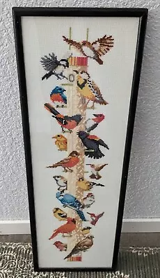 Vintage Embroidered Cross Stitch Framed Picture Birds On Bird Feeder • $89.90