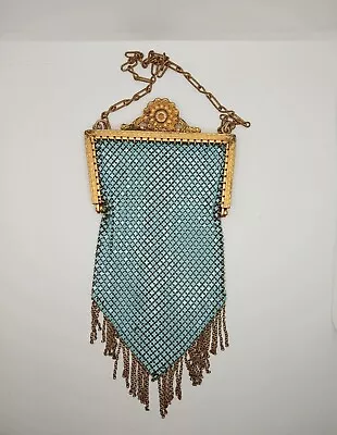 Mandalian Mfg Co Gold Filigreed Frame Chain Enamel Teal Flapper Mesh Purse 1920s • $99.99