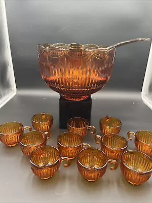 Rare Vintage Amber Indiana Glass Punch Bowl Set Royal Drape Pattern 10 Cups • $199