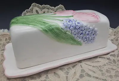 Mary Ann Baker Collection Vintage Butter Dish Lilac Hyacinth & Pink Tulip Japan • $17.99