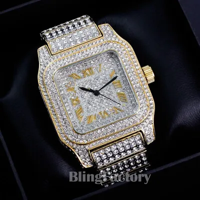 Men Two Tone Full Iced Bling Hip Hop Lab Diamond Square Bust Down Metal Watch • $44.99