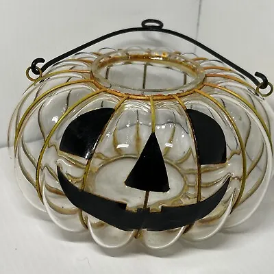 Kirlin’s Caged Glass Vintage Pumpkin Jack O Lantern Candle Holder Hand Blown 8  • $40