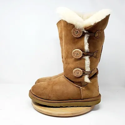 UGG Bailey Triplet Womens 7 Boot Chestnut Brown Suede Tall Winter Button Pull On • £29.14