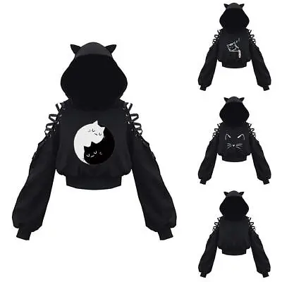 Women Cat Ear Long Sleeve Hoodie Pullover Long Sleeve Hooded Sweatshirt Anim GHB • £15.17