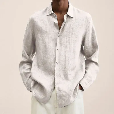 Men's Spring Long Sleeve Linen Shirt Casual Baggy Button-down Solid Tops Blouse • $19.99