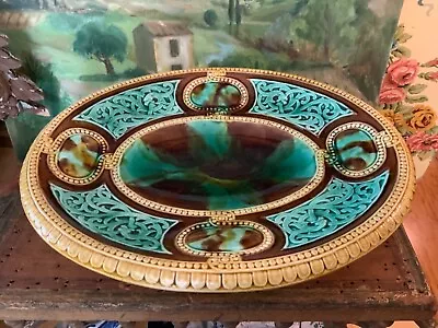 Large Antique Green Brown & Gold Majolica English Comport Compote 11 Inches Wide • $245