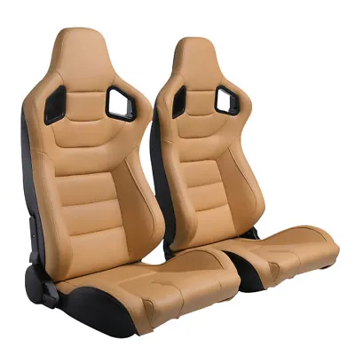 Universal Reclinable Racing Seats PVC  Leather Car Seats Dual Sliders Tan • $404.99