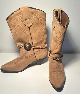 Oak Tree Farms Cowboy Boots Women Size 8 Tan Leather Suede Pointed Toe Western • $40