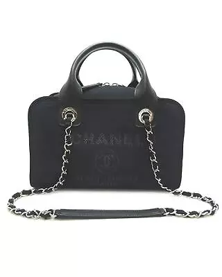 Pre Loved Chanel Black Logo Deauville Bowling Bag In Excellent Condition  - • $12871