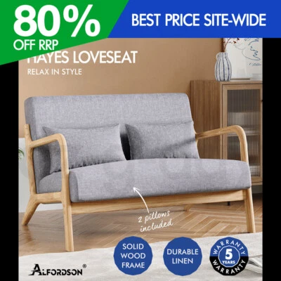 ALFORDSON Couch 2 Seater Sofa Armchair Accent Lounge Chair Fabric Seat Grey • $228.95