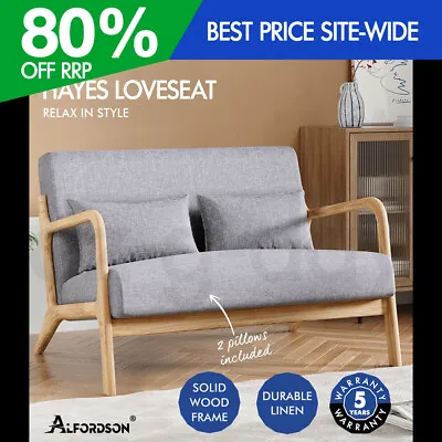 ALFORDSON Wooden Armchair 2 Seater Sofa Couch Fabric Lounge Accent Chair Grey • $209.95