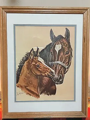 Horses Picture Mom Baby Lithograph Framed 14” Signed Ole Larsen • $21.50