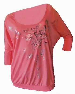 Miss Me Boutonniere Embellished Lace 3/4 Sleeve Knit Top Womens M Coral NWT $68 • $2.98