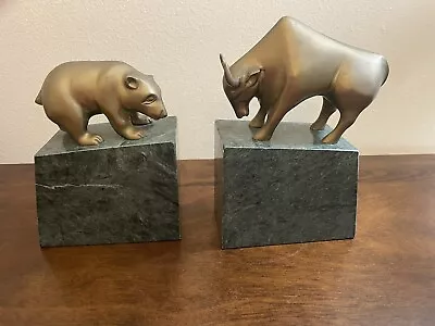 Stock Market Bookends Vintage Gatco Bear And Bull Wall Street Brass And Marble  • $75
