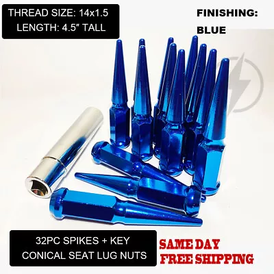 FIT GMC SAVANA SIERRA 2500 3500 HD DUALLY SPIKE LUG NUTS 4.5’’ 14x1.5 BLUE 32PC • $60.99