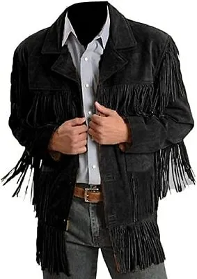 Western Cowboy Fringe Black Retro Native American Suede Leather Jacket For Men • $114.99