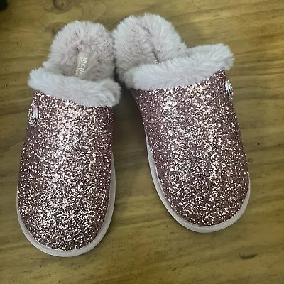 Michael Kors Janis Slipper Glitter  Faux Fur Lined Pink Size 8 New So Cute • $9.95