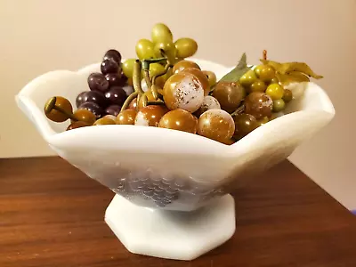 Vintage 9  Large White Milk Glass Pedestal Fruit Bowl Grape Pattern • $3