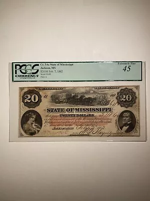 Cr. 3Ac State Of Mississippi Jackson $20 Feb 7 1862 Extremely Fine • $450