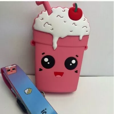 Berry Pink Animated Milkshake Silicone Crossbody Bag Small Credit Card Size • $14.99