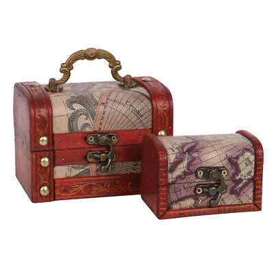 Wooden Map Design Treasure Chest Style Trinket Jewellery Storage Boxes Set Of 2 • £14.99