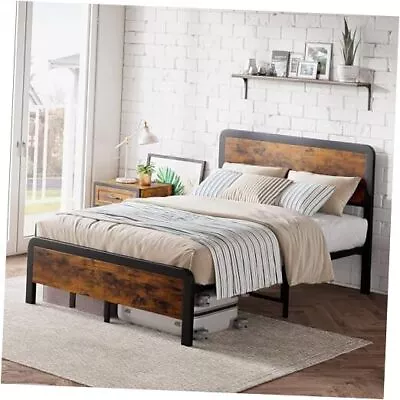 Size Platform Bed Frame With Wooden Headboard And Footboard Queen Rustic Brown • $186.67