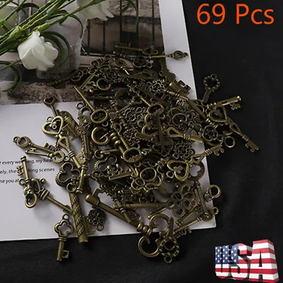69 Pcs Set Antique Vintage Old Look Ornate Skeleton Keys Fancy Heart Bow Pendant • $11.99