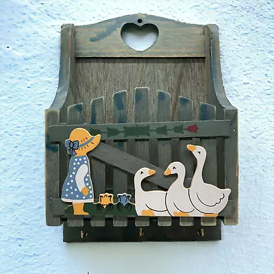 Country Letter Box Key Rack Distressed Wood House Of Lloyd Girl Geese 9  Vintage • $11.90