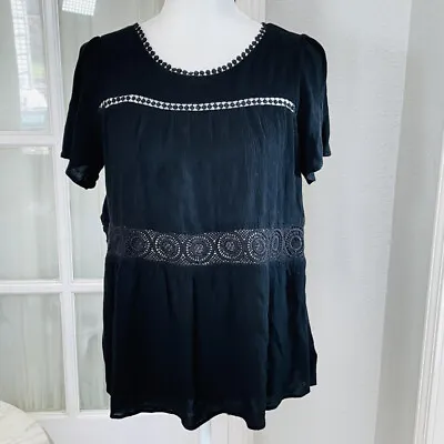 Easel Los Angeles Womens Size M Black Boho 70's Hippie Lace Trimmed Tie Back Top • $14