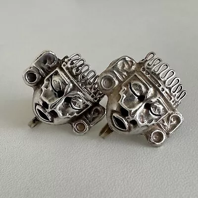 Vintage RBZ Mexico 925 Sterling Silver Mayan Aztec Face Screw Back Earrings • $59.99