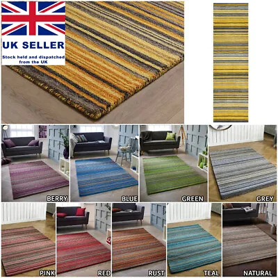 100% Wool Rugs Modern Striped Eco Friendly Hand Woven Multi Coloured Hall Runner • £229.99