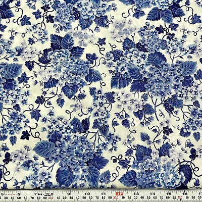 Vtg Faye Burgos Marcus Bros Metallic Silver Blue Floral Cotton By The HALF YARD • $7