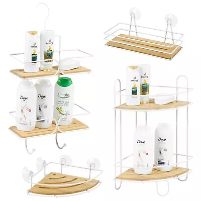 £8.99 • Buy Bamboo Shower Shelf Bathroom Rack Storage Organiser Caddy 2 Tier Corner Suction