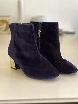 Evans Uk 7eee Navy Midnight Blue Cord Velvet Gold Heel Ankle Boot Vgc £27.99 • £27.99