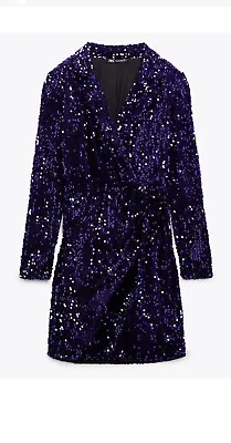 New Zara Sequin Glitter Purple Ruched Blazer Mini Dress Festive SZ Med • $69.99