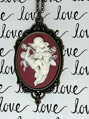 Angel Cherubs Cameo Brass Pendant Necklace Gift Red Mother Grandmother Birthday • $18.55