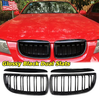 For 05-08 BMW E90 E91 4Door 3-Series Front Kidney Grille Gloss Black Dual Line • $28.99