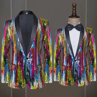 Men Sequin Suit Singer Stage Performance Nightclub Bar Fashion Blazer Coat • $62.17