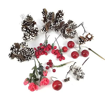 Vintage Christmas NOS Japan Pinecone Floral Picks + Red Berries & Sugared Roses • $25