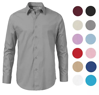 Men's Solid Long Sleeve Formal Button Up Standard Barrel Cuff Dress Shirt • $24.14