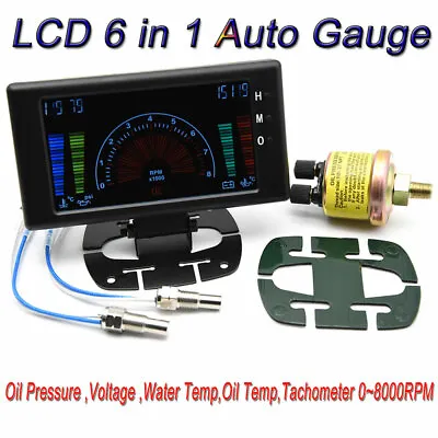 LCD Digital 6 In1 Car Water Oil Temp RPM Tach Meter Volts RPM Oil Pressure Gauge • $57.23