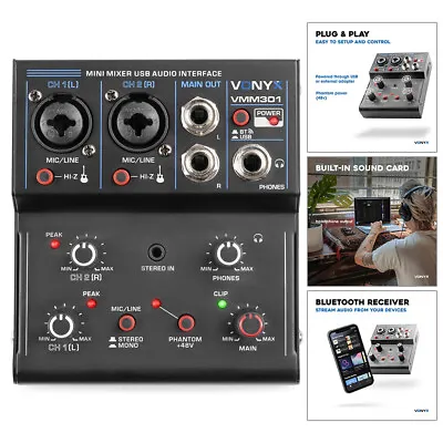 Vonyx VMM301 3-Channe Desktop PA Mixer With USB Audio Interface And Bluetooth • £55.99