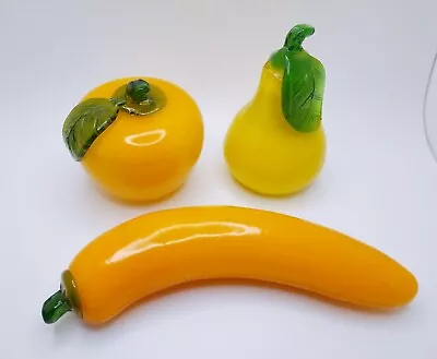 Vintage Murano Style Glass Fruit Hand Blown Yellow Apple Pear Banana Pepper 3pcs • $21.24